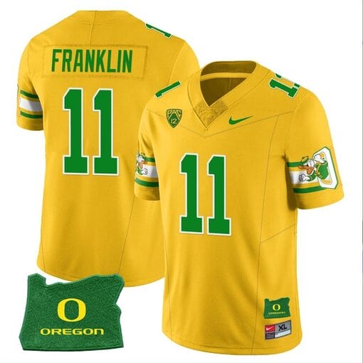 Troy Franklin Jersey #11 Oregon Ducks ‘Mighty Oregon’ Throwback Football Uniforms Oregon State Patch Yellow
