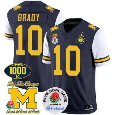 Tom Brady Jersey #10 Michigan Wolverines Vapor Stitched 1000 Wins Rose Bowl Patch White Sleeves