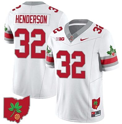 TreVeyon Henderson Jersey #32 Ohio State Buckeyes Football Stitched Ohio Map Patch White Style 2