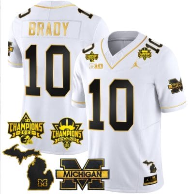 Tom Brady Jersey #9 Michigan Wolverines 2023 Big Ten Back to Back Champions Patch Stitched White Gold