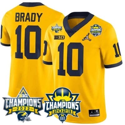 Tom Brady Jersey #9 Michigan Wolverines 2023 Big Ten Back to Back Champions Patch Stitched Maize