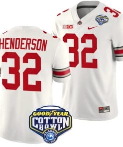 TreVeyon Henderson Jersey #32 Ohio State Buckeyes Cotton Bowl Patch 2023 Football White