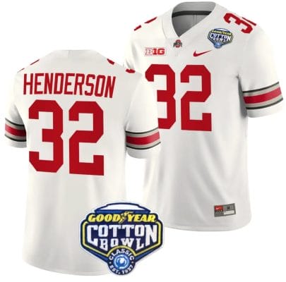TreVeyon Henderson Jersey #32 Ohio State Buckeyes Cotton Bowl Patch 2023 Football White