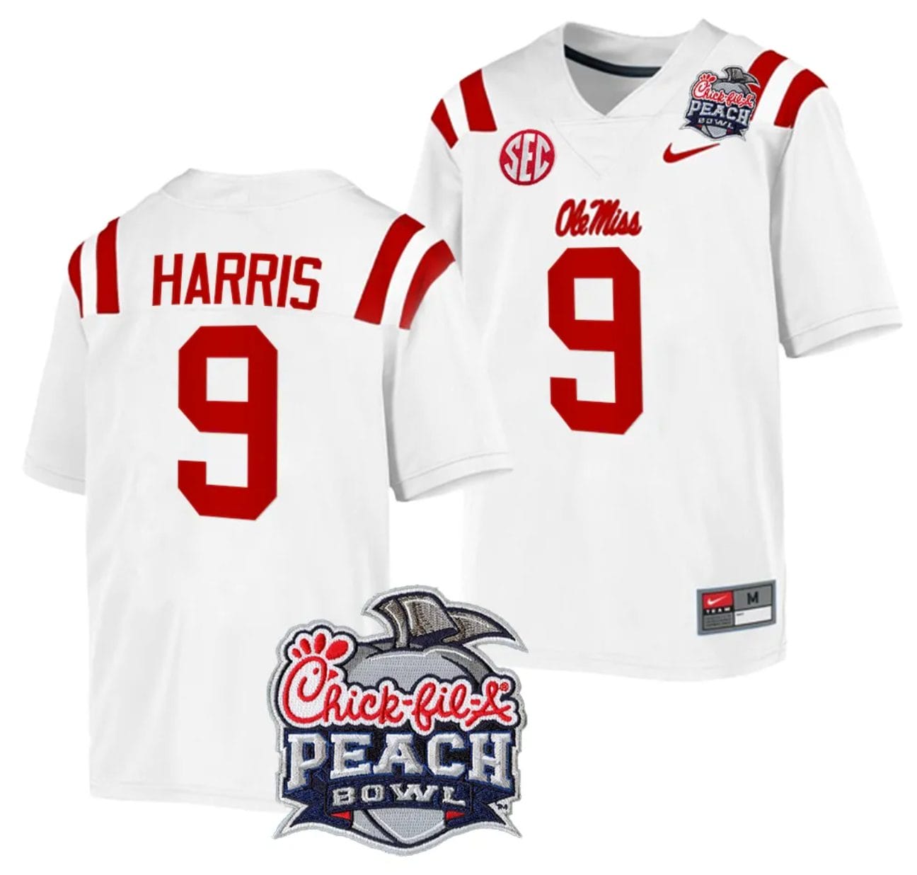 Tre Harris Jersey #9 Ole Miss Rebels Peach Bowl Patch 2024 College Football White