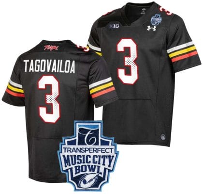 Taulia Tagovailoa Jersey #3 Maryland Terrapins 2023 Music City Bowl Patch Football Black
