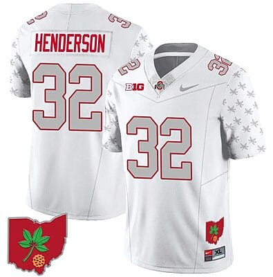TreVeyon Henderson Jersey #32 Ohio State Buckeyes Football Stitched Ohio Map Patch White
