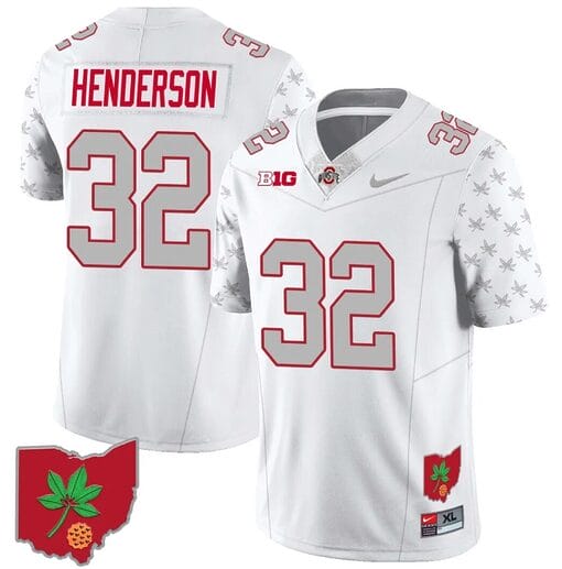 TreVeyon Henderson Jersey #32 Ohio State Buckeyes Football Stitched Ohio Map Patch White