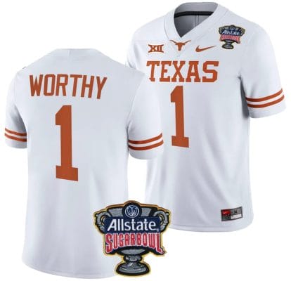 Xavier Worthy Jersey #1 Texas Longhorns Allstate Sugar Bowl Patch 2024 College Football White