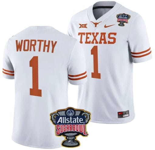 Xavier Worthy Jersey #1 Texas Longhorns Allstate Sugar Bowl Patch 2024 College Football White