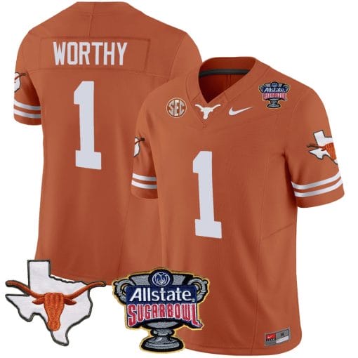 Xavier Worthy Jersey #1 Texas Longhorns Sugar Bowl Patch Vapor Football Texas Orange