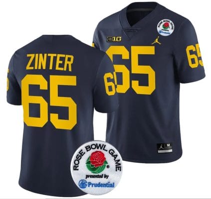 Zak Zinter Jersey #65 Michigan Wolverines Rose Bowl Game 2024 Patch College Football Playoff Navy