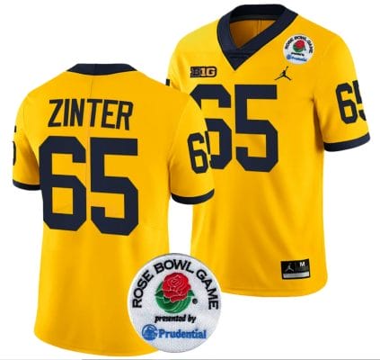 Zak Zinter Jersey #65 Michigan Wolverines Rose Bowl Game 2024 Patch College Football Playoff Maize