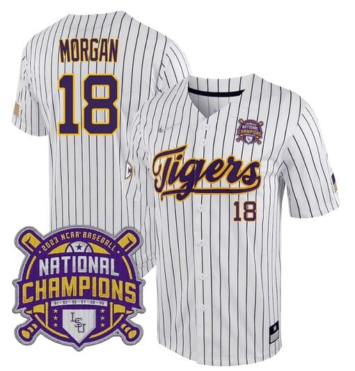 Lsu Tigers Tre Morgan Jersey #18 National Champions NCAA College Baseball Stitched White Stripe
