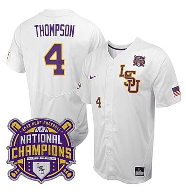 Lsu Tigers Jordan Thompson Jersey #4 National Champions NCAA College Baseball Stitched White
