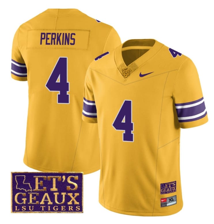 Lsu Tigers Harold Perkins Jersey #4 College Football Let's Geaux Patch Stitched Yellow
