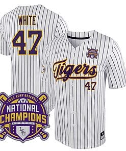 Lsu Tigers Tommy White Jersey #47 National Champions NCAA College Baseball Stitched White Stripes