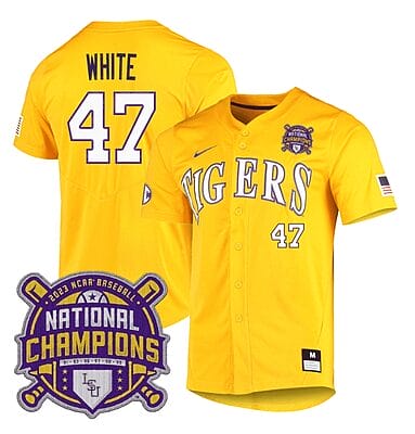 Lsu Tigers Tommy White Jersey #47 National Champions NCAA College Baseball Stitched Gold