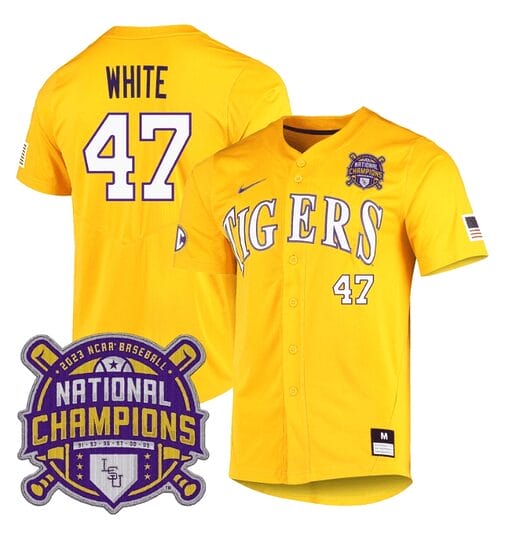 Lsu Tigers Tommy White Jersey #47 National Champions NCAA College Baseball Stitched Gold
