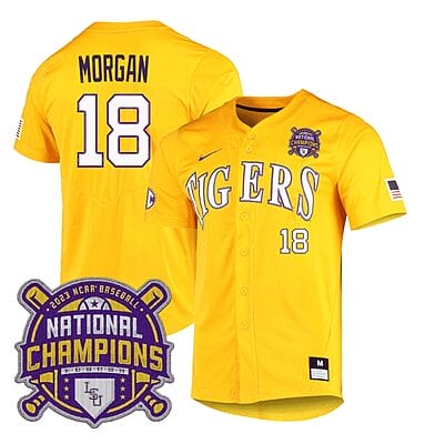 Lsu Tigers Tre Morgan Jersey #18 National Champions NCAA College Baseball Stitched Gold