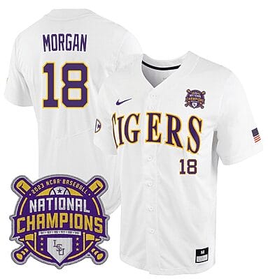 Lsu Tigers Tre Morgan Jersey #18 National Champions NCAA College Baseball Stitched White Tigers