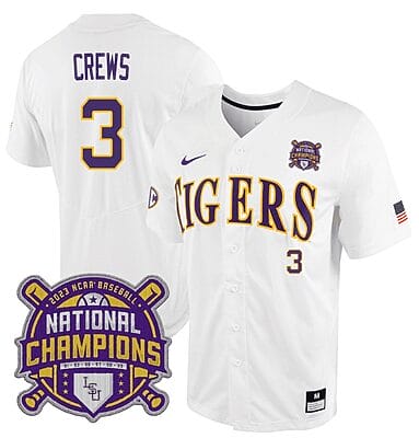 Lsu Tigers Dylan Crews Jersey #3 National Champions NCAA College Baseball Stitched White Tigers