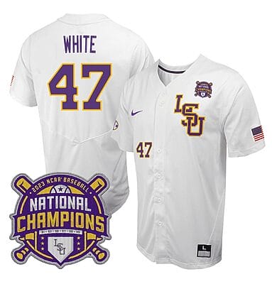 Lsu Tigers Tommy White Jersey #47 National Champions NCAA College Baseball Stitched White