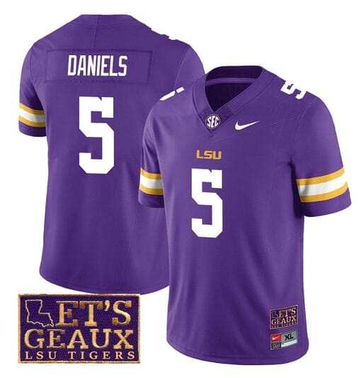 Lsu Tigers Jayden Daniels Jersey #5 College Football Let's Geaux Patch Stitched Purple
