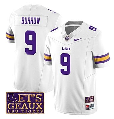 Lsu Tigers Joe Burrow Jersey #9 College Football Let's Geaux Patch Stitched White