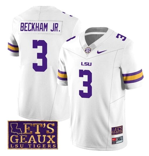 Lsu Tigers Odell Beckham Jr Jersey #3 College Football Let's Geaux Patch Stitched White