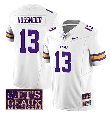 Lsu Tigers Garrett Nussmeier Jersey #13 College Football Let's Geaux Patch Stitched White