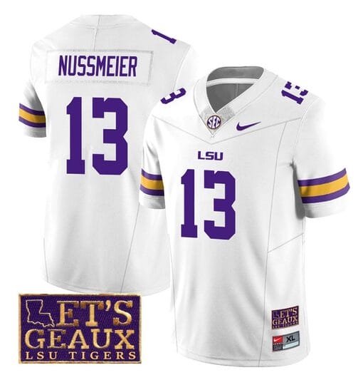 Lsu Tigers Garrett Nussmeier Jersey #13 College Football Let's Geaux Patch Stitched White