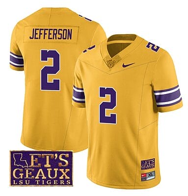 Lsu Tigers Justin Jefferson Jersey #2 College Football Let's Geaux Patch Stitched Yellow