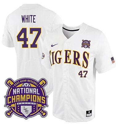 Lsu Tigers Tommy White Jersey #47 National Champions NCAA College Baseball Stitched White Tigers