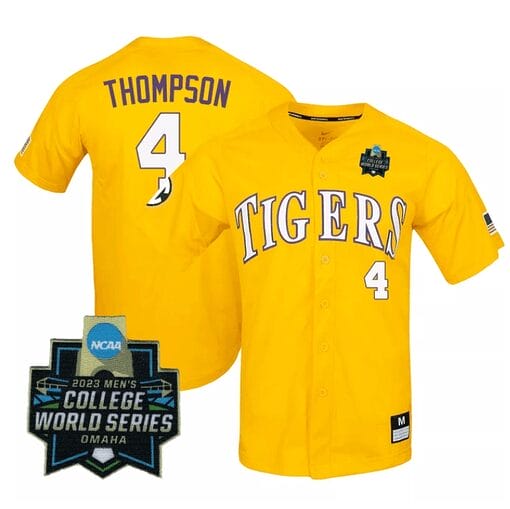 Lsu Tigers Jordan Thompson Jersey #4 World Series 2023 NCAA College Baseball Stitched Yellow