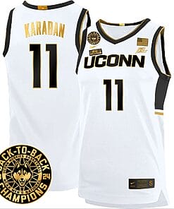 Alex Karaban Jersey #11 UConn Huskies Basketball 2024 Back To Back Champions Patch White Gold