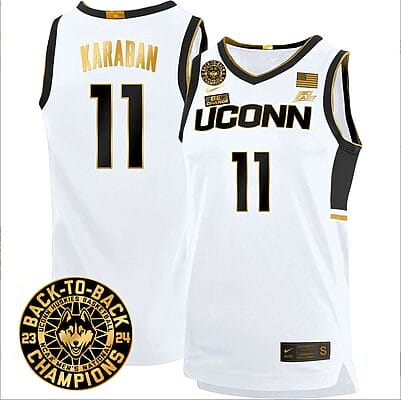 Alex Karaban Jersey #11 UConn Huskies Basketball 2024 Back To Back Champions Patch White Gold