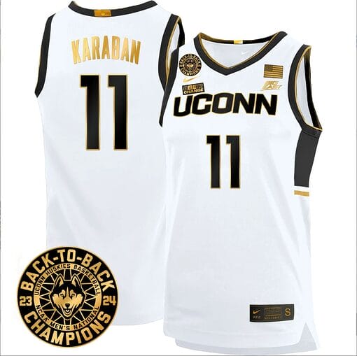 Alex Karaban Jersey #11 UConn Huskies Basketball 2024 Back To Back Champions Patch White Gold