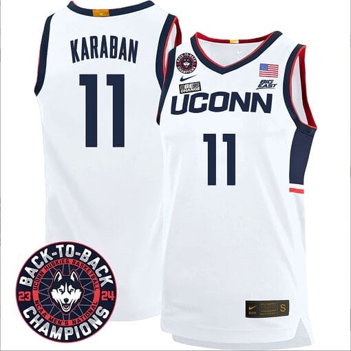 Alex Karaban Jersey #11 UConn Huskies Basketball 2024 Back To Back Champions Patch White Home