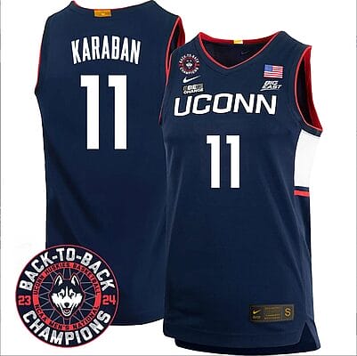 Alex Karaban Jersey #11 UConn Huskies Basketball 2024 Back To Back Champions Patch Navy