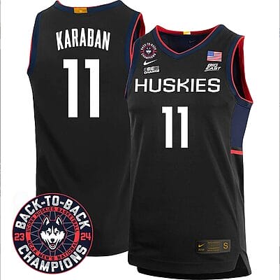 Alex Karaban Jersey #11 UConn Huskies Basketball 2024 Back To Back Champions Patch Black