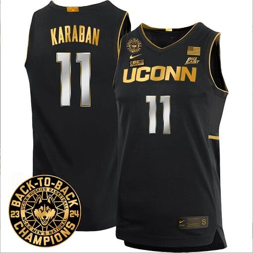 Alex Karaban Jersey #11 UConn Huskies Basketball 2024 Back To Back Champions Patch Black Gold