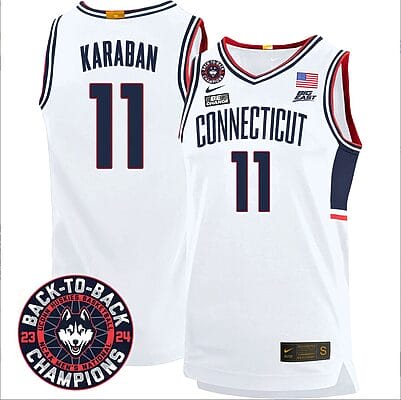 Alex Karaban Jersey #11 UConn Huskies Basketball 2024 Back To Back Champions Patch White