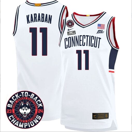 Alex Karaban Jersey #11 UConn Huskies Basketball 2024 Back To Back Champions Patch White
