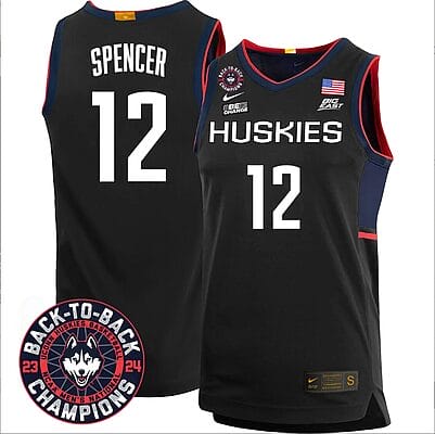 Cam Spencer Jersey #12 UConn Huskies Basketball 2024 Back To Back Champions Patch Black