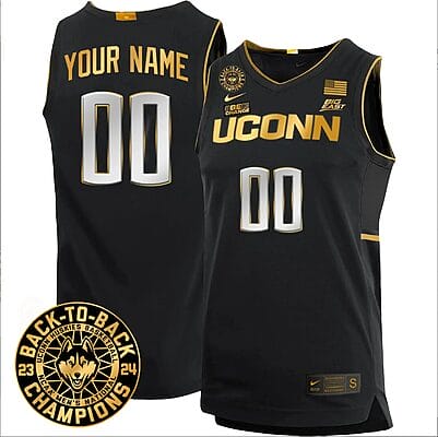 Custom UConn Huskies Basketball Jersey 2024 Back To Back Champions Patch Black