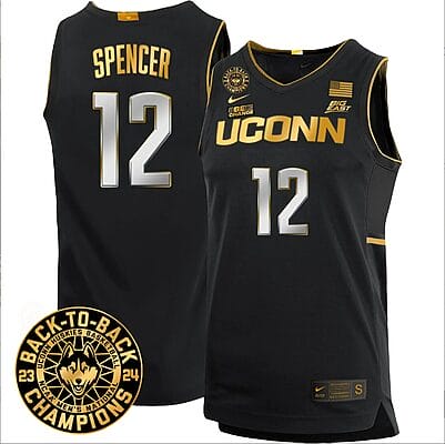 Cam Spencer Jersey #12 UConn Huskies Basketball 2024 Back To Back Champions Patch Black Gold
