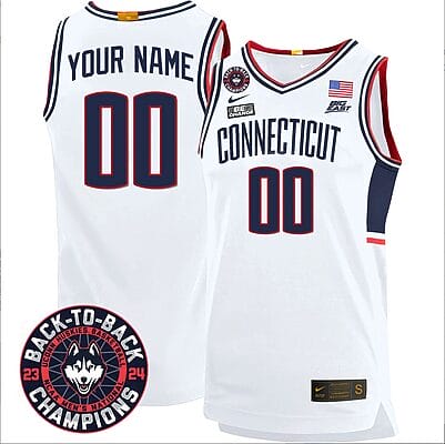 Custom UConn Huskies Basketball Jersey 2024 Back To Back Champions Patch White