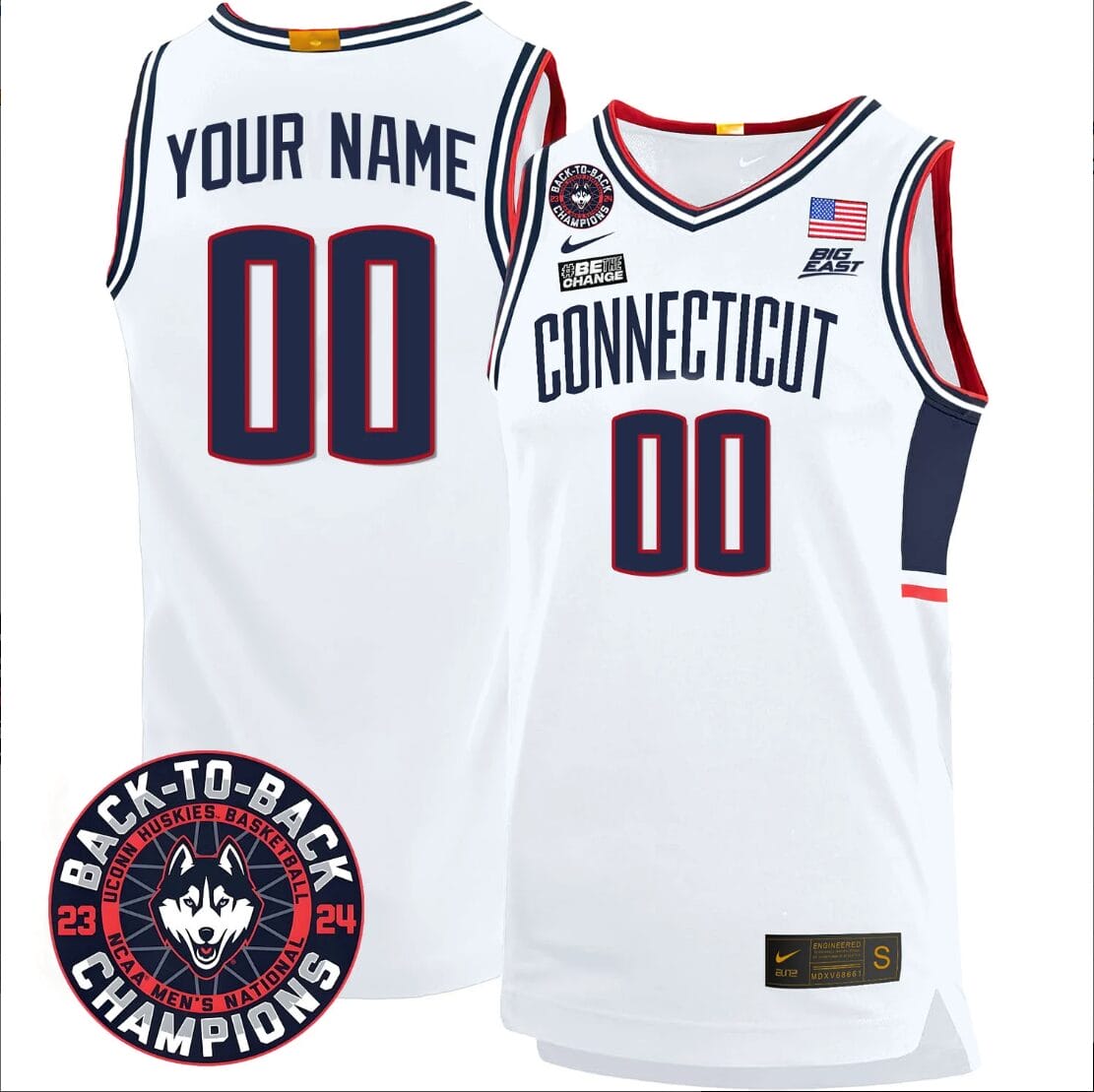 Custom UConn Huskies Basketball Jersey 2024 Back To Back Champions Patch White