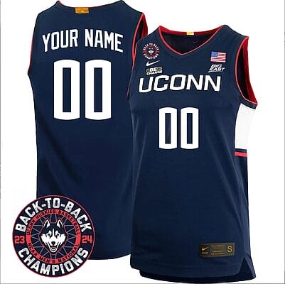 Custom UConn Huskies Basketball Jersey 2024 Back To Back Champions Patch Navy