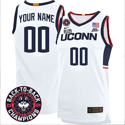 Custom UConn Huskies Basketball Jersey 2024 Back To Back Champions Patch White Home